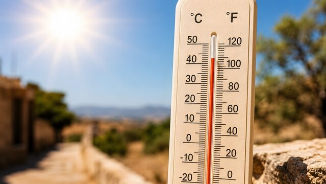 Outdoor thermometer showing dangerous heat beside dry summer road