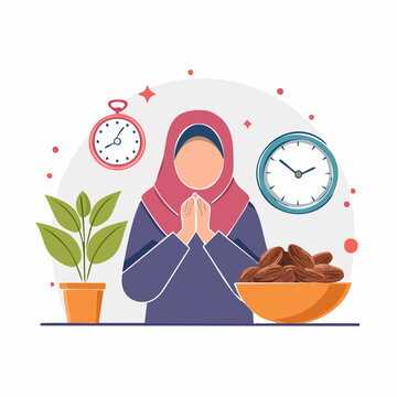 Muslim Woman in Hijab Praying with Dates and Clocks