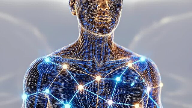 Digital human body neural network glowing nodes and connections mapped across torso in clinical studio research subject undergoing biometric mapping overlay shows data streams, pulsing