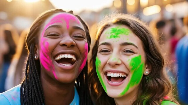 Two diverse young women friends smiling with colorful powder on faces celebrating outdoor festival of colors concept representing friendship joy and cultural unity