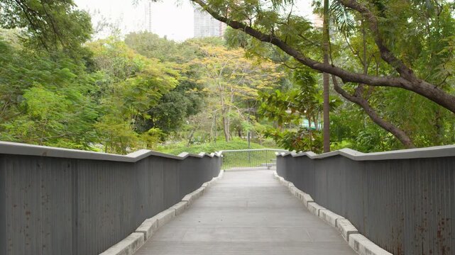 Elevated Walkway Through Lush Green Tropical Park in Bangkok Thailand
