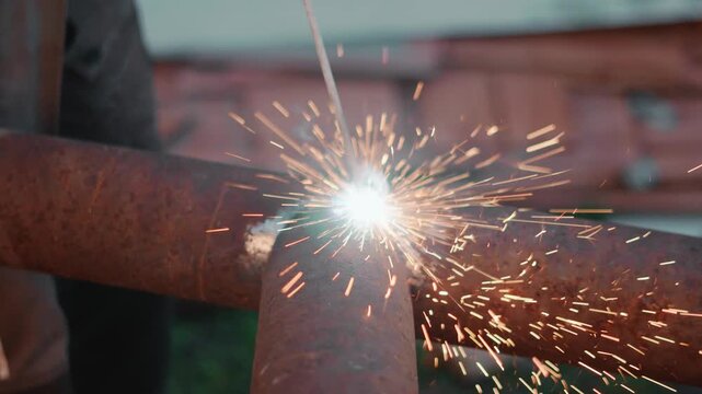 Closeup of skilled metalworker welding thick rusty pipeline outdoors in workshop environment. Industrial sparks, smoke and safety equipment create authentic scene of technical repair work.