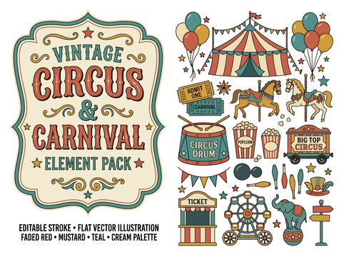 Vintage Circus and Carnival Elements Pack: Retro Fairground Entertainment Icons, Festive Amusement Park Collection