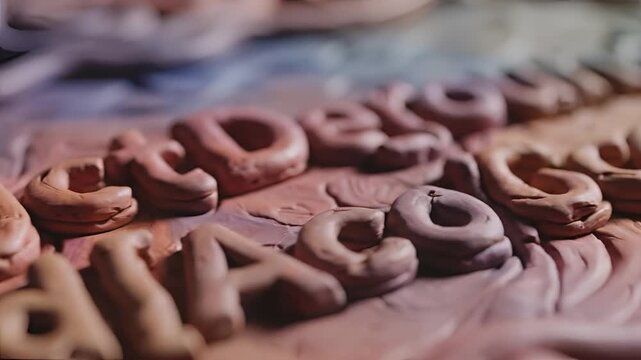 Close up of clay letters spelling out a message on a textured surface.