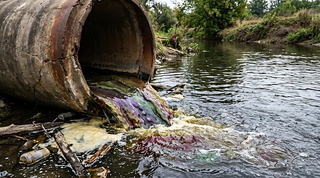 Industrial pipe discharging chemical polluted wastewater into river water