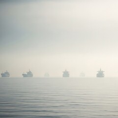 Fototapeta premium Cargo ships sailing in dense fog on calm sea with vast empty sky during a D-day anniversary memorial.