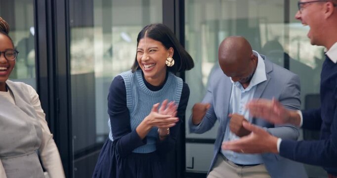 Team, applause and stack with hands of business people in office for success, solidarity and achievement. Support, smile and mission with employees in agency for celebration, agreement and goal