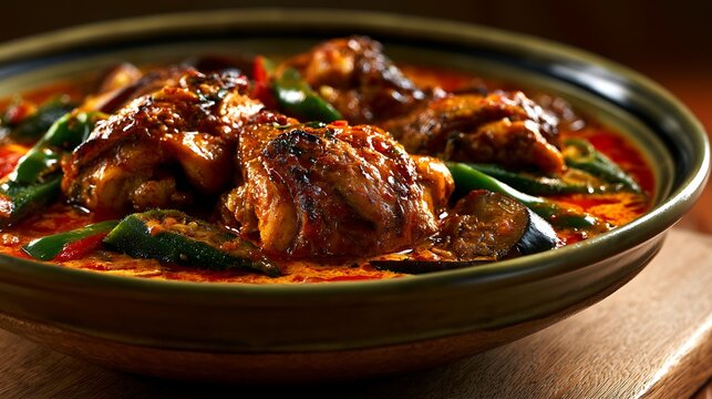 Congolese Moamb&eacute; de Poulet, succulent chicken pieces cooked in creamy palm oil sauce with okra, eggplant, and bell pepper, served in an artisanal ceramic bowl over a light iroko wood surface