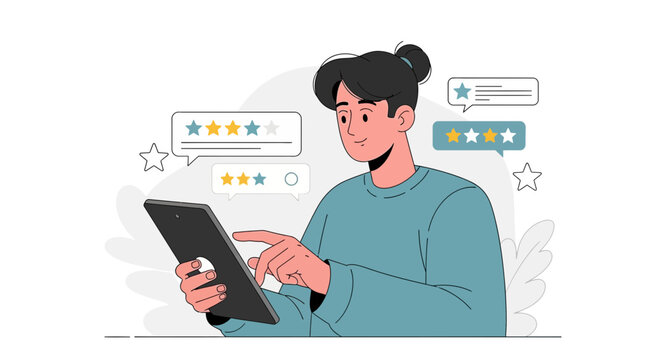 Person Rating Online Service on Tablet with Star Reviews