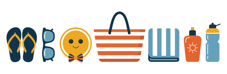 Set of beach accessories for summer vacation featuring sunglasses flip flops beach ball sun hat sunscreen and umbrella seaside holiday travel essentials illustration © MUNNA