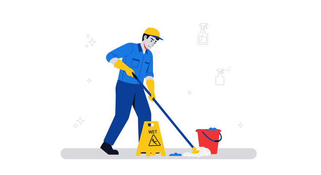 Professional cleaner mopping floor with wet floor sign and red bucket