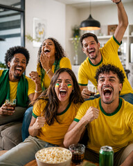 Fototapeta na wymiar Torcedores brasileiros comemorando jogo de futebol em casa