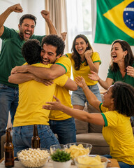 Fototapeta na wymiar Torcedores brasileiros comemorando jogo de futebol em casa