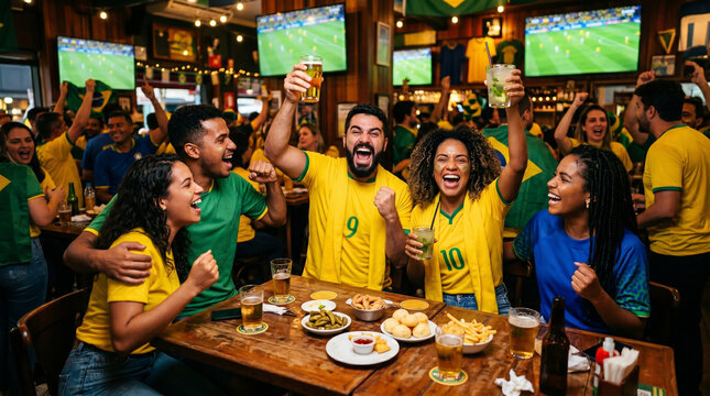 Torcedores brasileiros comemorando em bar durante jogo