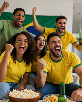 Torcedores brasileiros comemorando jogo de futebol em casa