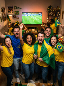 Torcedores brasileiros comemorando jogo de futebol em casa