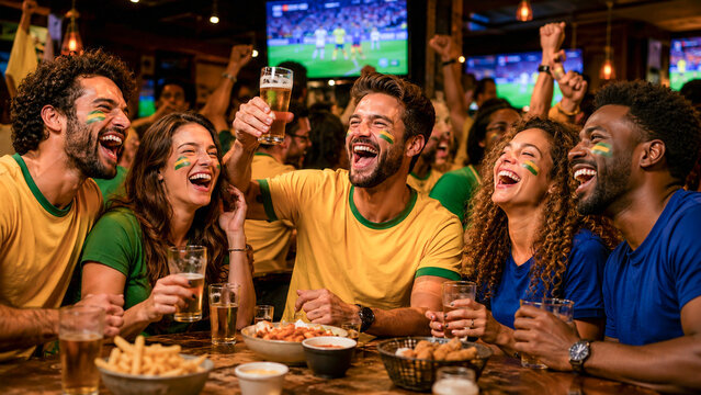 Torcedores brasileiros comemorando em bar durante jogo