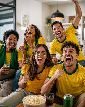 Torcedores brasileiros comemorando jogo de futebol em casa