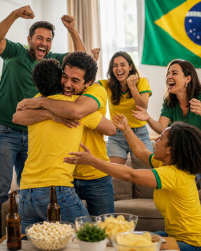 Torcedores brasileiros comemorando jogo de futebol em casa