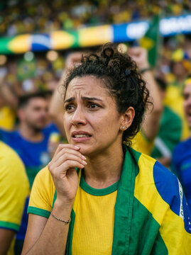 Torcedora brasileira aflita durante jogo de futebol