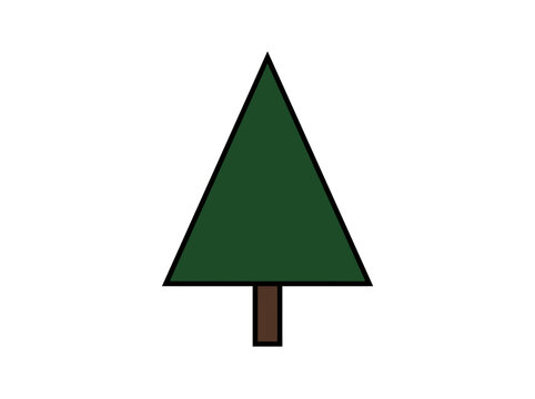 A simple dark green triangular Christmas tree icon with a brown trunk on a white background.