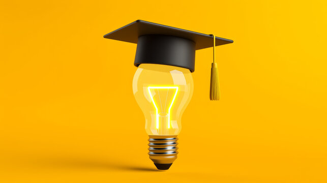 Creative illustration combining a graduation cap and a glowing light bulb for education