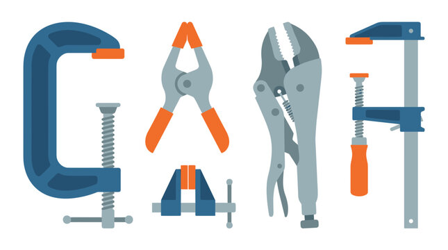 Collection of various woodworking and metalworking clamps and vises.