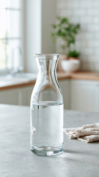 Clear glass carafe filled with fresh water stands on a stone kitchen counter with a blurred background