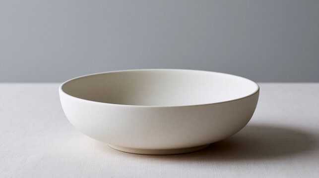 A round white ceramic bowl sits empty on a light textured fabric table against a plain gray background