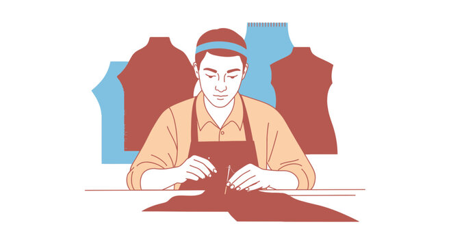 Tailor at work, sewing garment on table, mannequins background