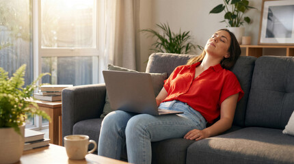Obraz premium Young woman resting on a sofa with a laptop in a sunlit living room