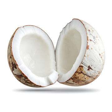 Halved ripe coconut with white flesh and textured brown shell, isolated on white background, tropical fruit healthy food ingredient