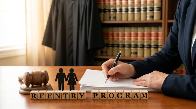 Reentry program concept with a judge signing legal documents, a wooden gavel, and a couple figurine on a desk in a law office
