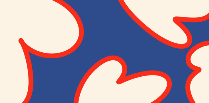 Abstract Retro Groovy Background with Organic Wavy Shapes and Red Lines. Abstract retro background featuring cream groovy wavy shapes, bold red lines, and vibrant blue backdrop.