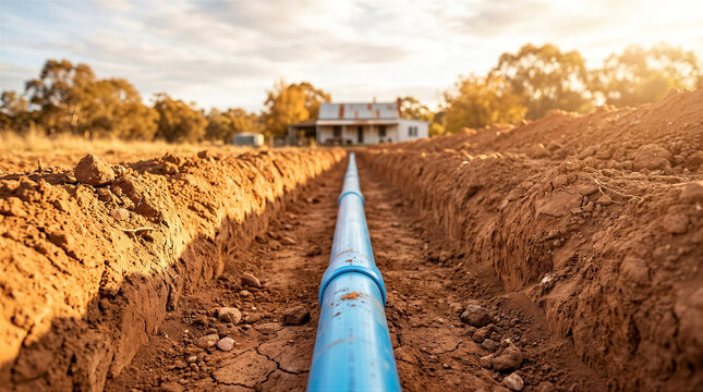 A long blue irrigation pipe laid in a trench in a dry, rural field leading towards a farmhouse in the distance at sunset