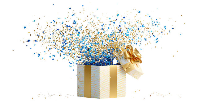 Luxury surprise gift box exploding with blue and gold confetti festive celebration concept isolated on white background