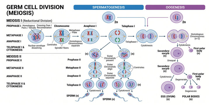 Comprehensive infographic detailing the stages of meiosis, presenting the biological processes of spermatogenesis and oogenesis in germ cell development and reproductive biology