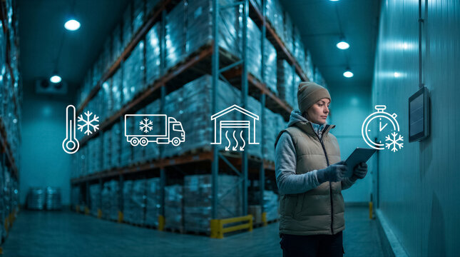 Cold storage warehouse worker checking temperature control system with digital tablet in a refrigerated logistics facility