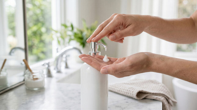 Closeup of a womans hands using a white pump bottle to dispense lotion or soap in a bright, clean bathroom setting