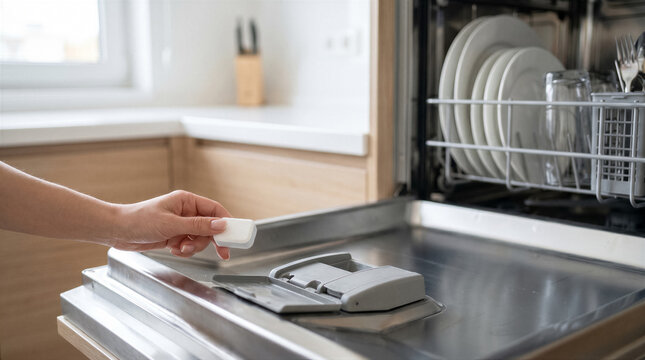 Closeup of a person putting a dishwasher detergent tablet into the dispenser of a modern dishwasher in a bright kitchen