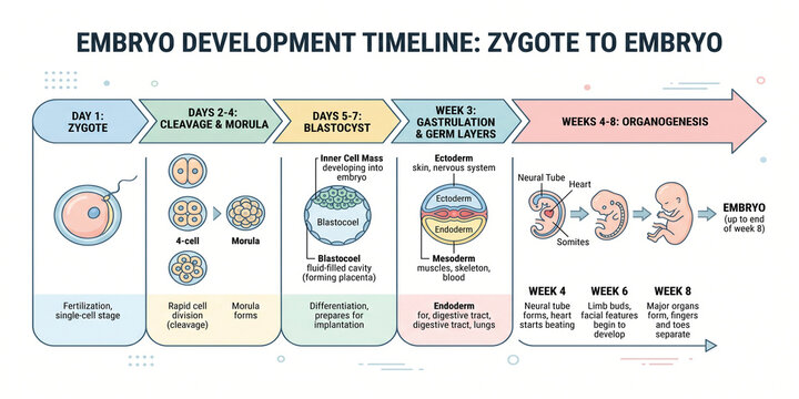 Vector illustration depicting the human embryo development timeline, showcasing stages from zygote, cleavage, blastocyst, gastrulation, to early organogenesis