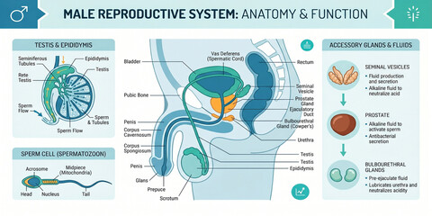 Obraz premium Comprehensive infographic illustrating the intricate anatomy and physiological functions of the male reproductive system with detailed cellular structures and accessory glands for educational purposes