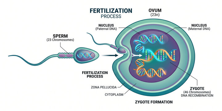 Visualizing the intricate biological process of human fertilization and zygote formation, showcasing sperm and ovum DNA merging