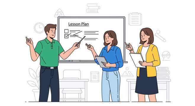 Teachers Collaborating on Lesson Plan at Whiteboard