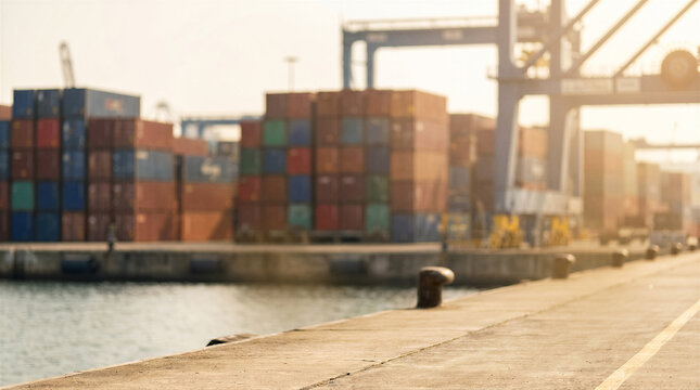 Industrial shipping port with stacked cargo containers and large crane at sunset, logistics and global trade concept, blurred background