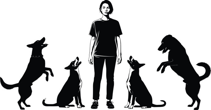 Young Woman standing with Group of Obedient Dogs Illustration