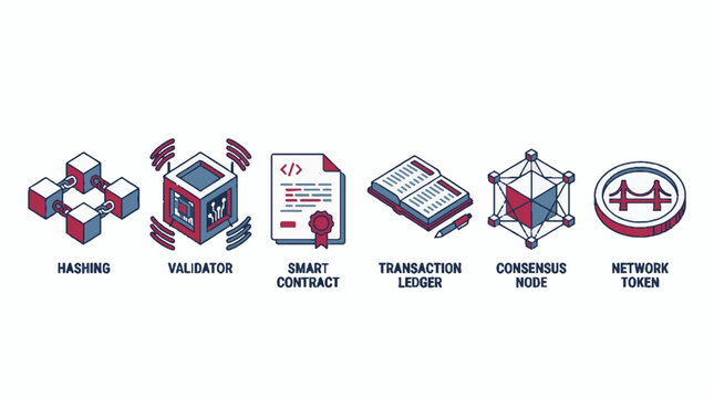 Blockchain technology concept icons set featuring hashing validator smart contract transaction ledger consensus node and network token in isometric style
