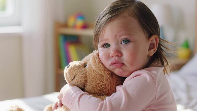 Toddler girl crying while hugging plush teddy bear toy for comfort during emotional moment in nursery bedroom with soft natural sunlight illuminating her tearful face