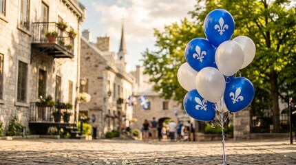 Obraz premium Blue and White Balloons with Fleur de Lis Symbol Floating in Old Town Quebec City
