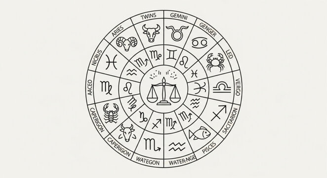 Astrology Zodiac Wheel with Symbols and Scales.